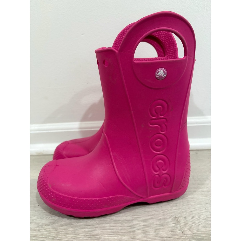Crocs Handle It Rain Boots Kids Junior Size 2 Candy Pink Waterproof Pull On J2